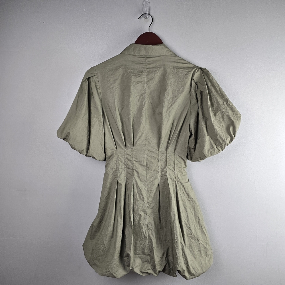 Karlie Solid Pleat Bubble Hem Mini Shirt Dress Button Up Olive Green Womens Sz S - Picture 6 of 15